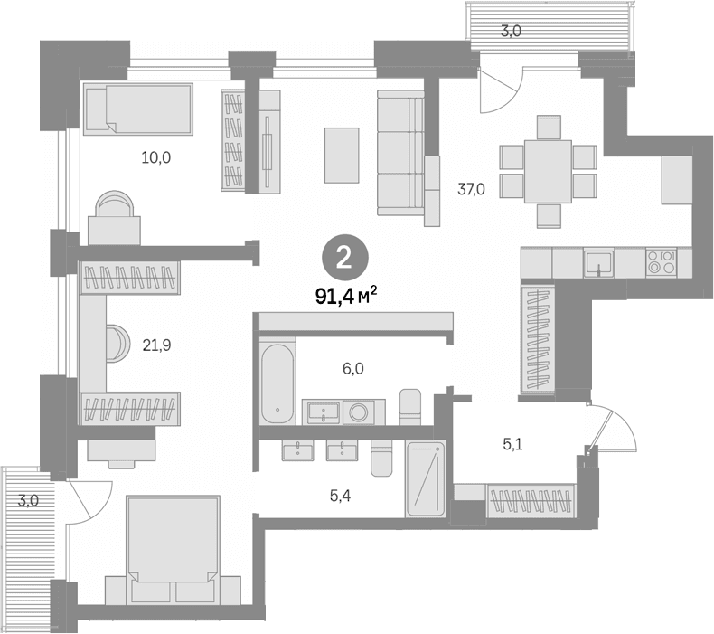 Планировка: 2-комнатная квартира 85,4 м² в ЖК «Квартал Издание»