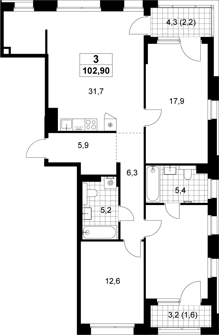 Планировка: Квартира евро-4 99,1 м² в ЖК «Хольм»