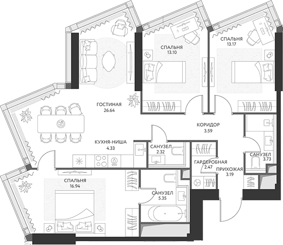 Планировка: Квартира евро-4 94,7 м² в ЖК «ХАЙДАУТ»