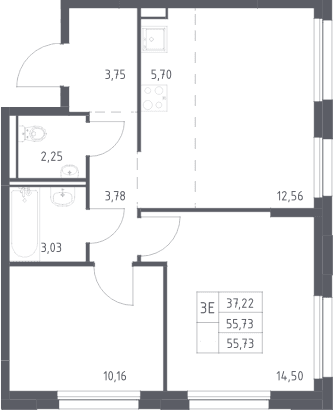 Планировка: Евротрёшка 55,7 м² в ЖК «Прибрежный Парк»