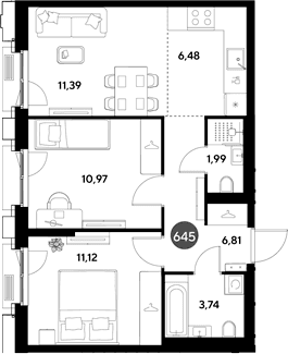 Планировка: Евротрёшка 52,5 м² в ЖК «ЭВО»