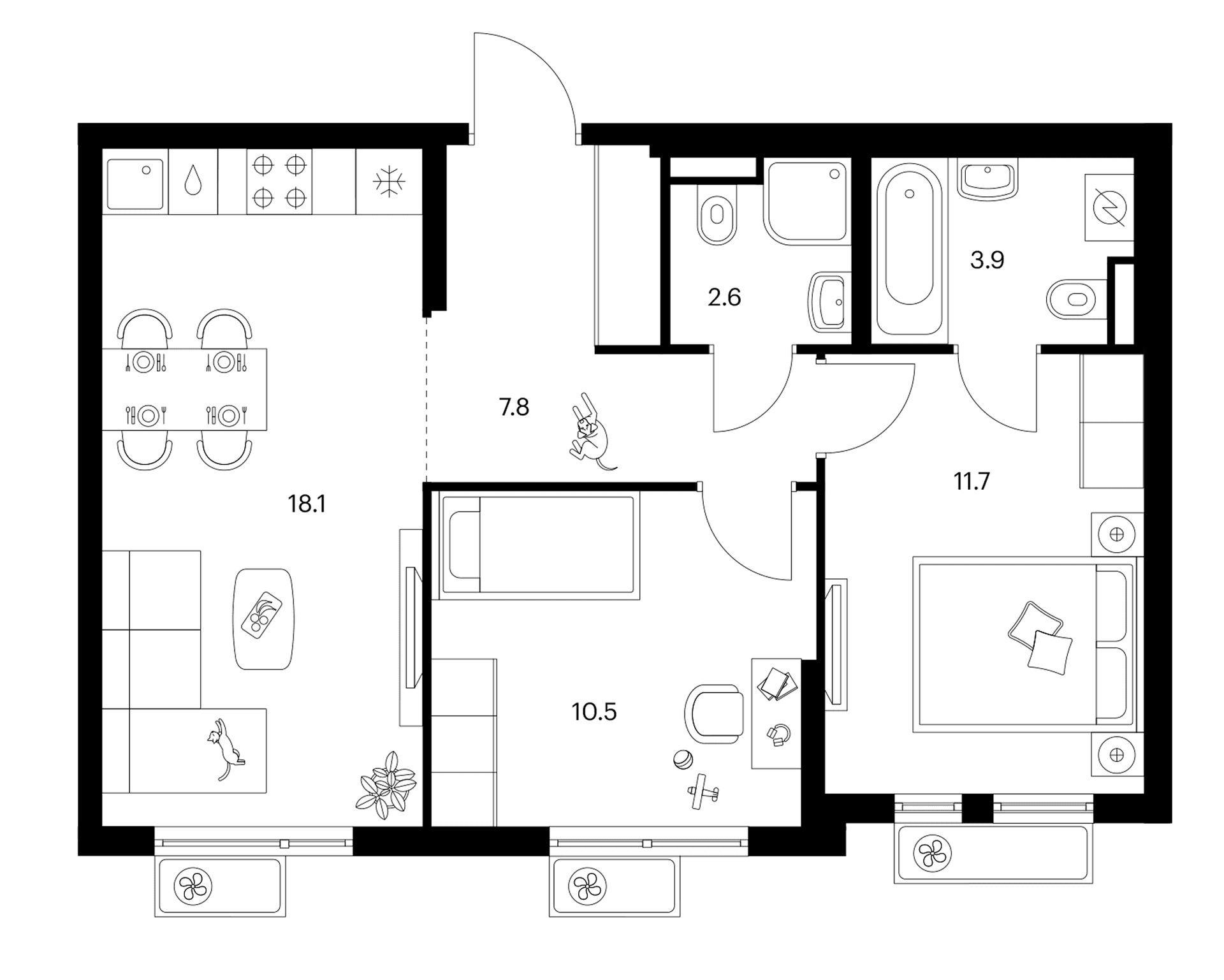 Планировка: 2-комнатная квартира 54,6 м² в ЖК «Белая Дача парк»