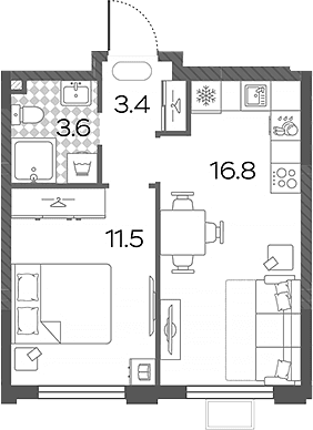 Планировка: Евродвушка 35,3 м² в ЖК «Лучи»
