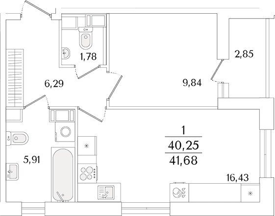 Планировка: Евродвушка 40,3 м² в ЖК «Кинопарк»