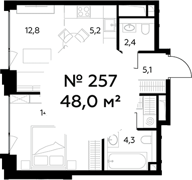 Планировка: Евродвушка 48 м² в ЖК «Монблан»