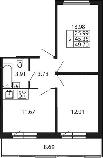 Планировка: 2-комнатная квартира 45,4 м² в ЖК «Полис Новоселье»