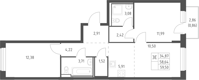 Планировка: Евротрёшка 58,6 м² в ЖК «Горки Парк»