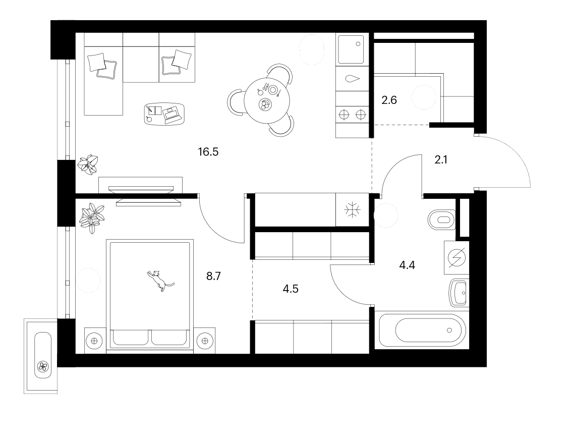 Планировка: 1-комнатная квартира 38,8 м² в ЖК «Зеленый парк»