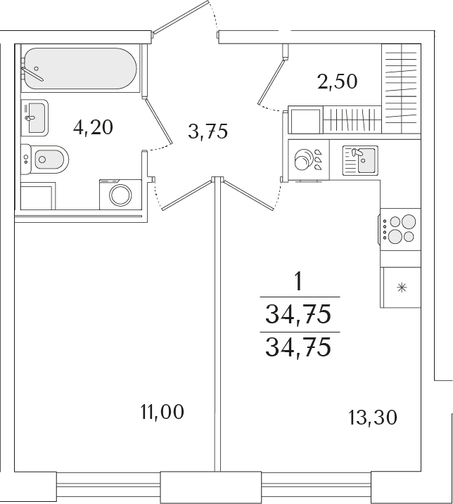 Планировка: Евродвушка 34,8 м² в ЖК «Кинопарк»