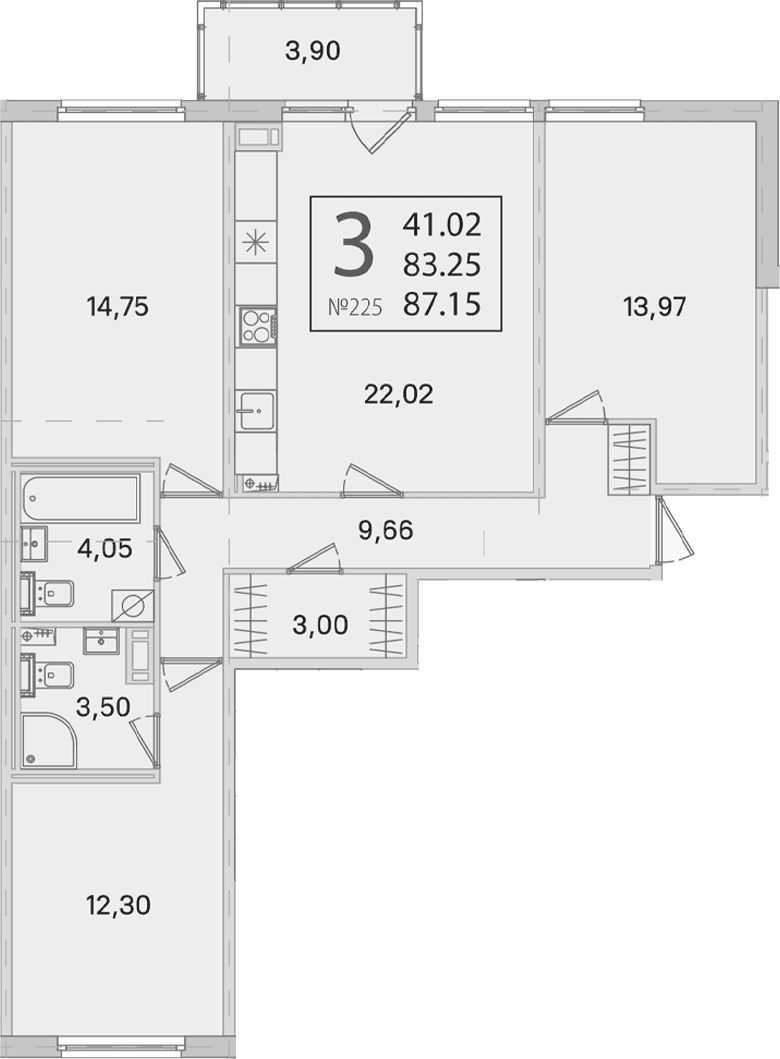 Планировка: 3-комнатная квартира 83,3 м² в ЖК «Любоград в Стрельне»