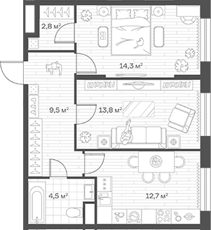 Планировка: 2-комнатная квартира 57,6 м² в ЖК «Аристов Берег»