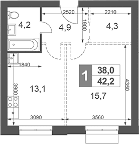 Планировка: 1-комнатная квартира 42,2 м² в ЖК «Дубровицы Клаб»