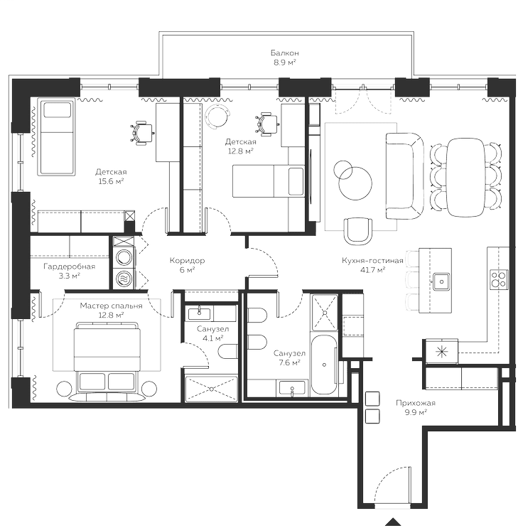Планировка: Квартира евро-4 125,4 м² в ЖК «River Residences»