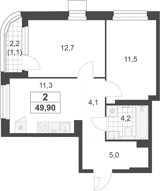 Планировка: 2-комнатная квартира 48,8 м² в ЖК «Южные сады»