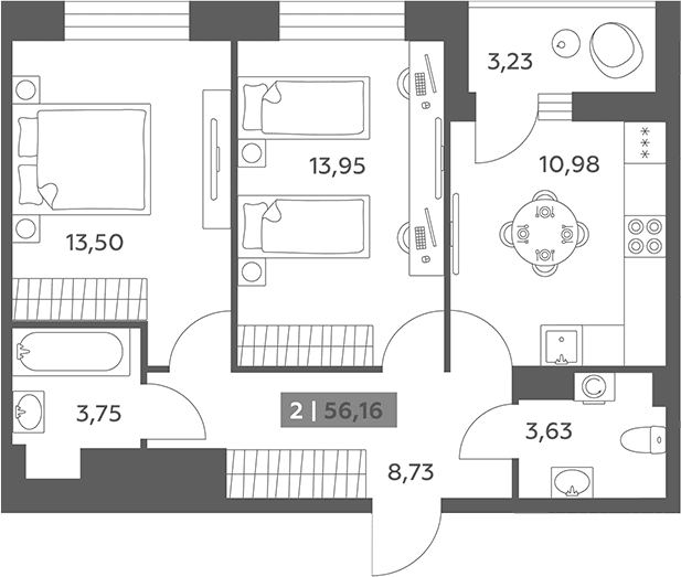 Планировка: 2-комнатная квартира 54,5 м² в ЖК «Аквилон РекаПарк»