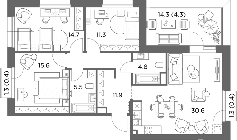 Планировка: 3-комнатная квартира 94,4 м² в ЖК «Станиславский»