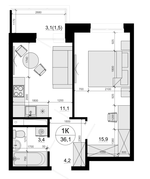 Планировка: 1-комнатная квартира 34,6 м² в ЖК «Одинцовские Кварталы Эволюция»