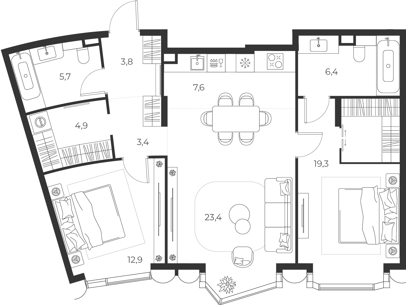 Планировка: Евротрёшка 87,2 м² в ЖК «МАСТЕРС»