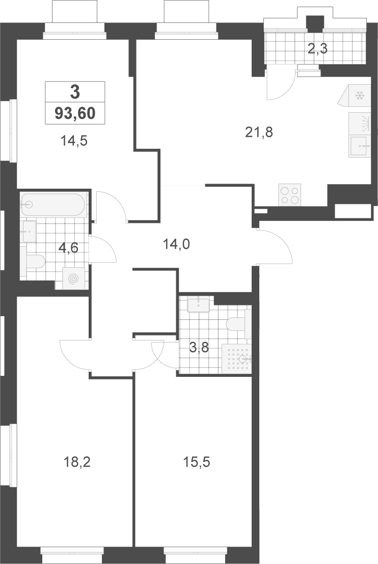 Планировка: Квартира евро-4 92,5 м² в ЖК «Деснаречье»