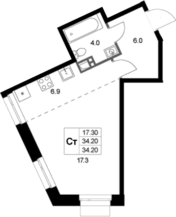 Планировка: Студия 34,2 м² в ЖК «Кореневский Форт 2.3»