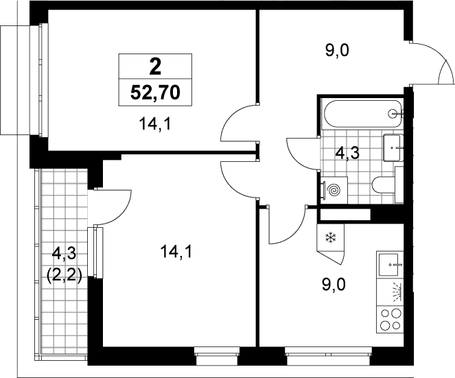 Планировка: 2-комнатная квартира 50,5 м² в ЖК «Деснаречье»