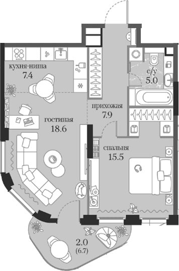 Планировка: 1-комнатная квартира 54,4 м² в ЖК «Муза»