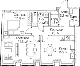 Планировка: 2-комнатная квартира 62,6 м² в ЖК «СЕЗАР БУДУЩЕЕ»