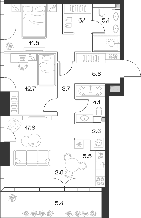 Планировка: Евротрёшка 77,5 м² в ЖК «SHIFT»