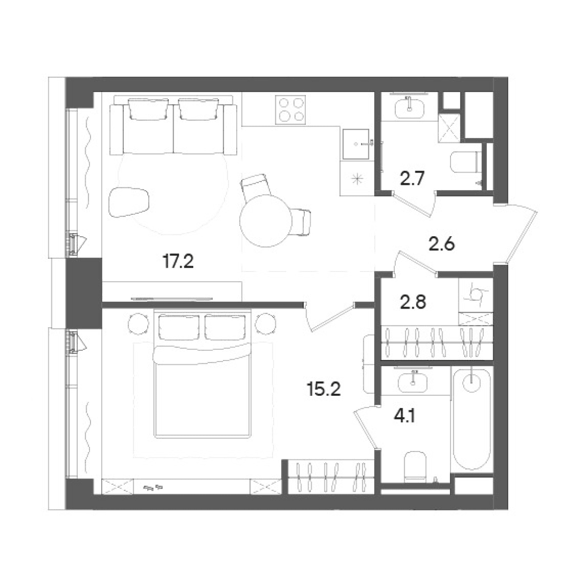 Планировка: Евродвушка 44,6 м² в ЖК «СТОУН Грэйн»