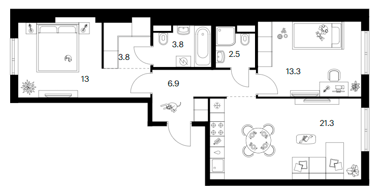 Планировка: 2-комнатная квартира 64,6 м² в ЖК «Москворечье»