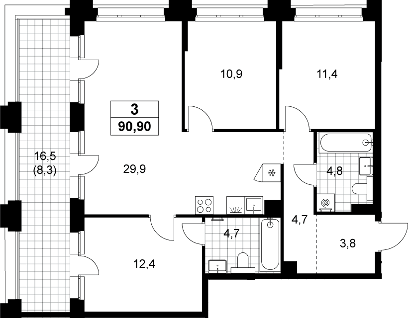 Планировка: Квартира евро-4 82,6 м² в ЖК «Хольм»