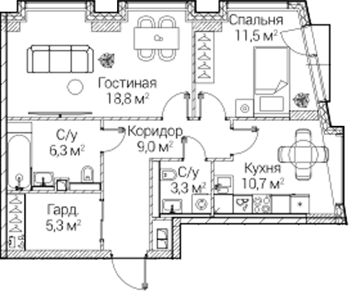 Планировка: 2-комнатная квартира 64,8 м² в ЖК «СЕЗАР БУДУЩЕЕ»