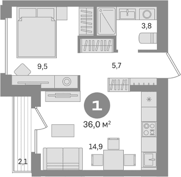 Планировка: 1-комнатная квартира 33,9 м² в ЖК «Первый квартал. Вторая очередь»