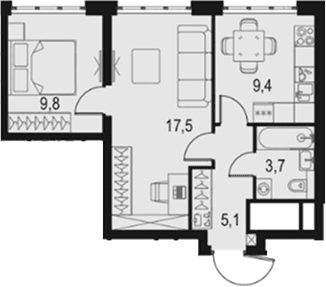 Планировка: 2-комнатная квартира 45,5 м² в ЖК «Левел Южнопортовая»