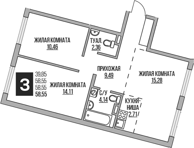 Планировка: Евротрёшка 58,6 м² в ЖК «Гранель Аникеевский»