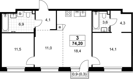 Планировка: Евротрёшка 73,9 м² в ЖК «Хольм»