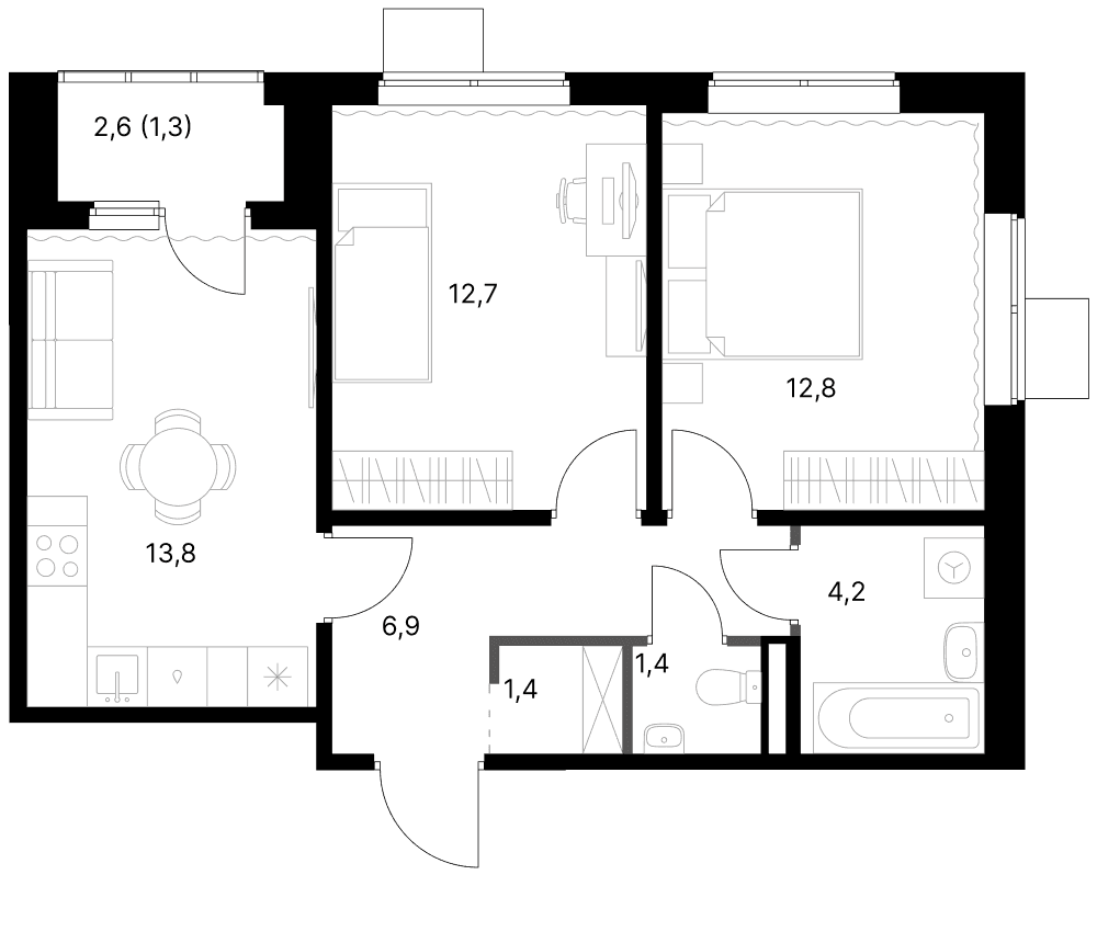Планировка: 2-комнатная квартира 53,2 м² в ЖК «1-й Ясеневский»
