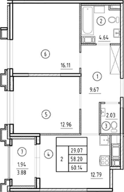 Планировка: 2-комнатная квартира 58,2 м² в ЖК «Ассамблея»