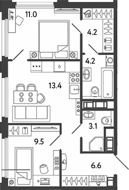Планировка: 2-комнатная квартира 52 м² в ЖК «Гений»