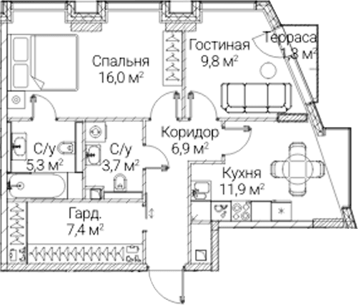 Планировка: 2-комнатная квартира 60 м² в ЖК «СЕЗАР БУДУЩЕЕ»