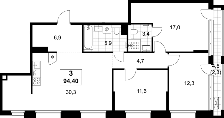 Планировка: Квартира евро-4 92,1 м² в ЖК «Хольм»