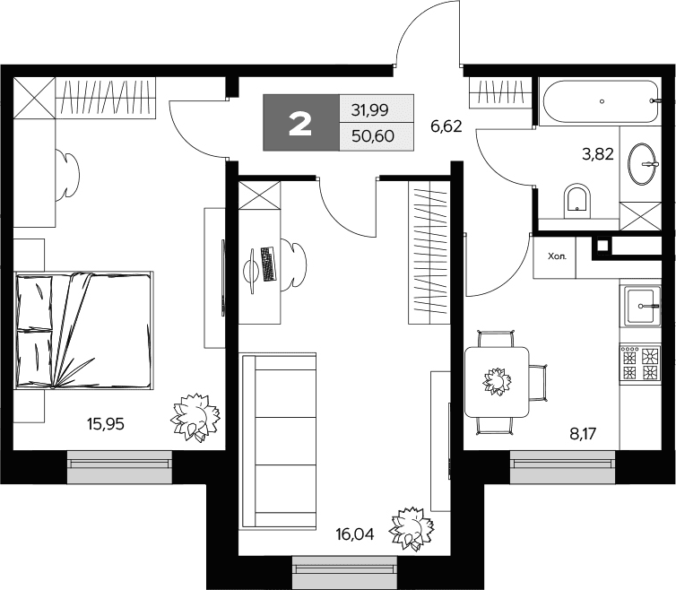 Планировка: 2-комнатная квартира 50,6 м² в ЖК «Ласточкино»