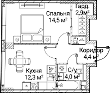 Планировка: 1-комнатная квартира 38,3 м² в ЖК «СЕЗАР БУДУЩЕЕ»