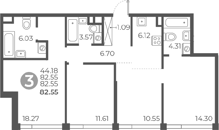 Планировка: 3-комнатная квартира 82,6 м² в ЖК «Мневники от Гранель»