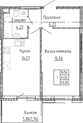 Планировка: 1-комнатная квартира 41,1 м² в ЖК «Аквилон Stories»
