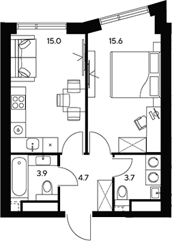 Планировка: 1-комнатная квартира 42,9 м² в ЖК «НЕКСУС от Аквилон»