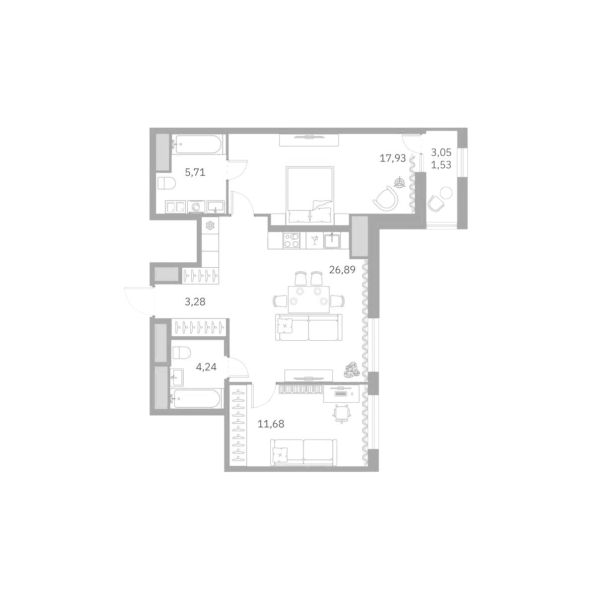 Планировка: Евротрёшка 70,3 м² в ЖК «Talento»