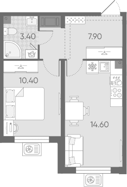 Планировка: Евродвушка 36,3 м² в ЖК «Ручьи 2»