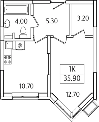Планировка: 1-комнатная квартира 35,9 м² в ЖК «Видный Берег 2.0»