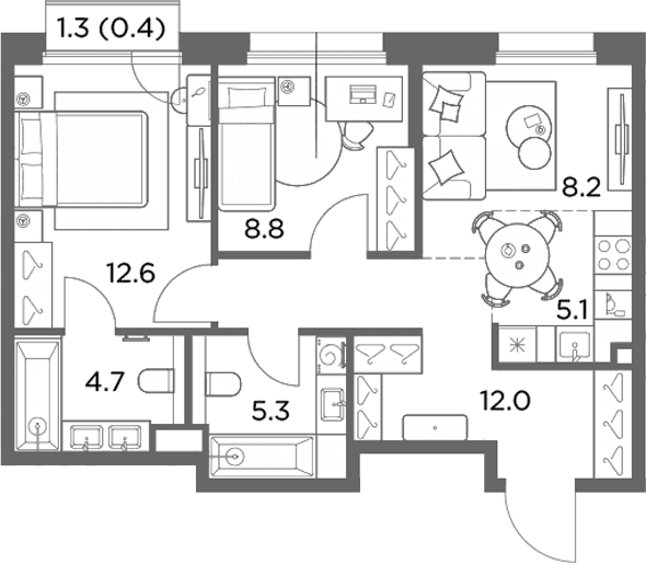 Планировка: Евротрёшка 56,7 м² в ЖК «Станиславский»